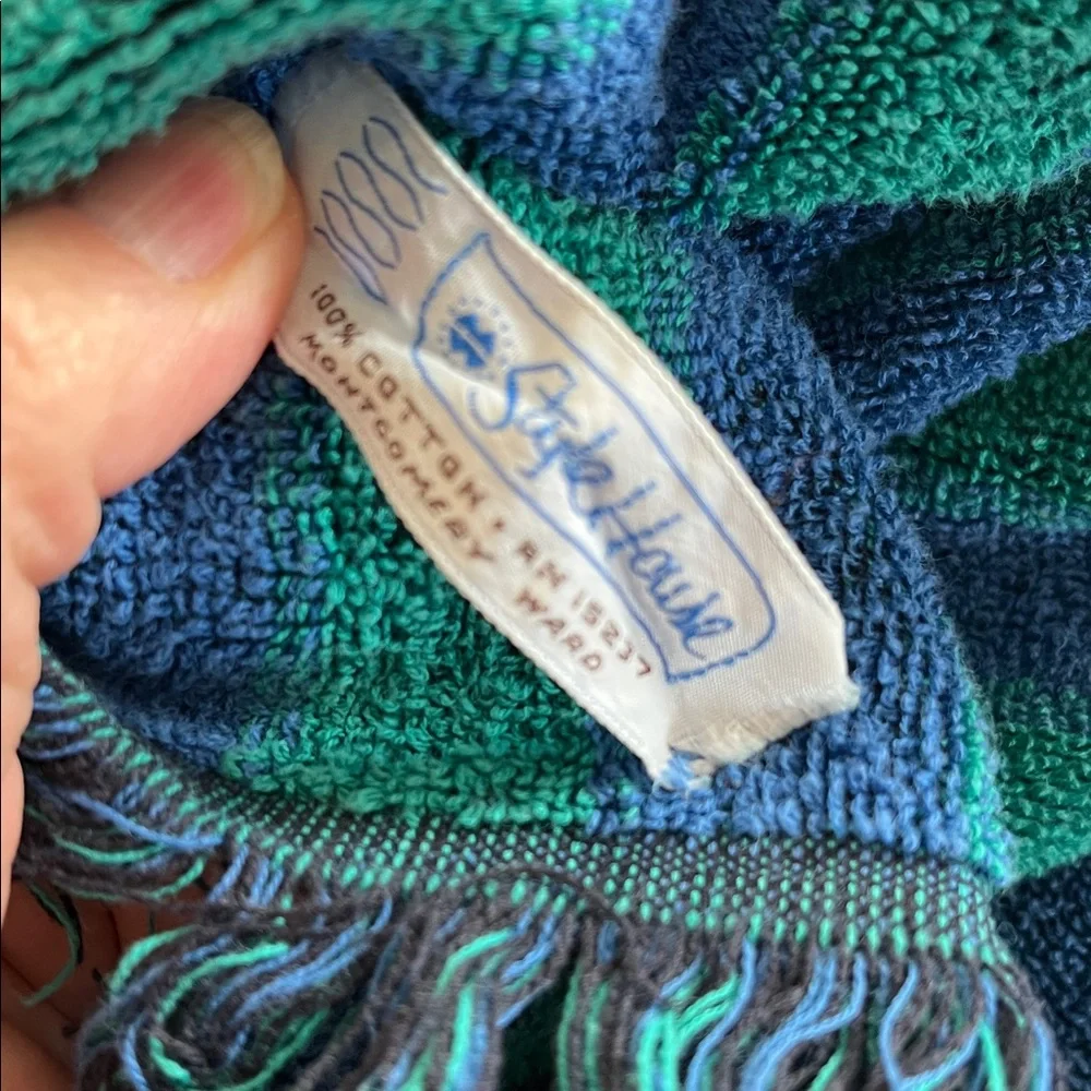 2 Montgomery Ward STYLE HOUSE Green Blue Striped Bath Towels MCM Bathroom *READ*